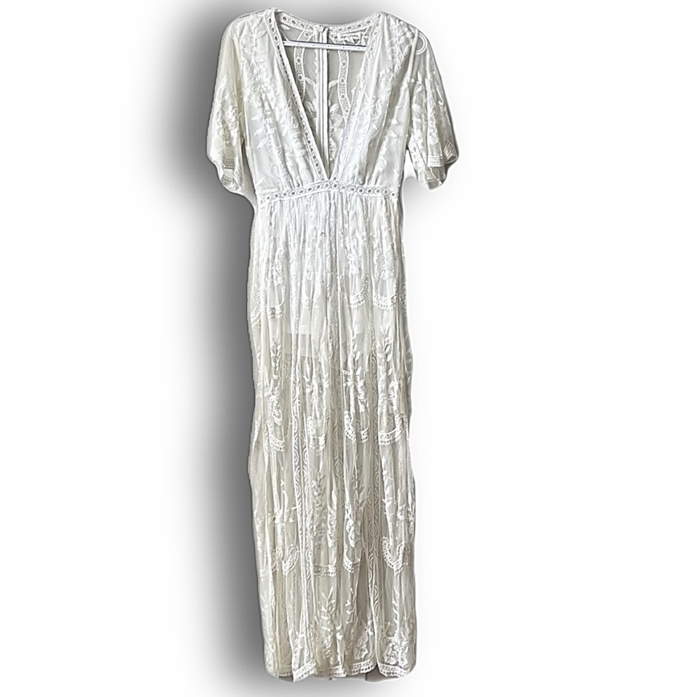 Honey Punch White Lace Romper with Plunging Neckline